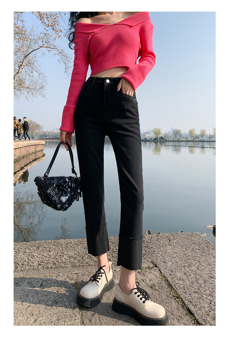 【中国直邮】HEY+JEANS 春季韩系翻边高腰显瘦九分裤 黑色 M