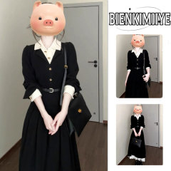 【店铺热销】法式复古假两件拼接连衣裙女春季款收腰显瘦A字中长