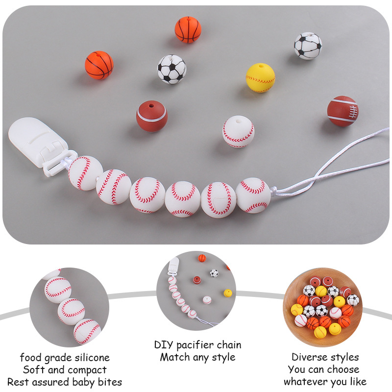 15mm de dibujos animados de fútbol de impresión de calidad alimentaria cuentas de silicona joyería de bricolaje chupete cadena mordedor pulsera collar accesorios pequeños