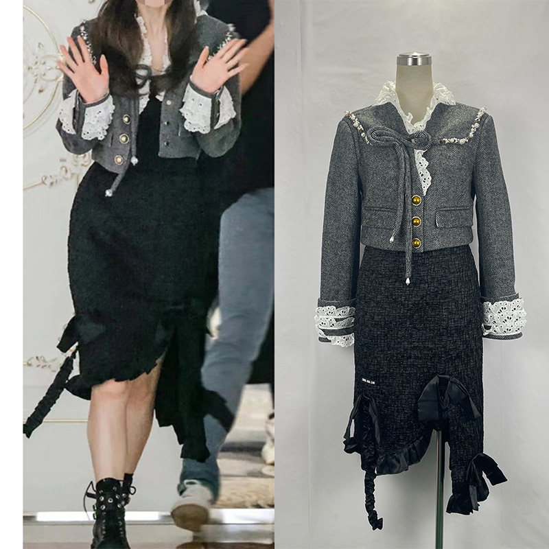 Chanel Style Striped Beaded Lace-up Wool Short Coat Women's Design Sense French Pearl Elegant Tweed Top