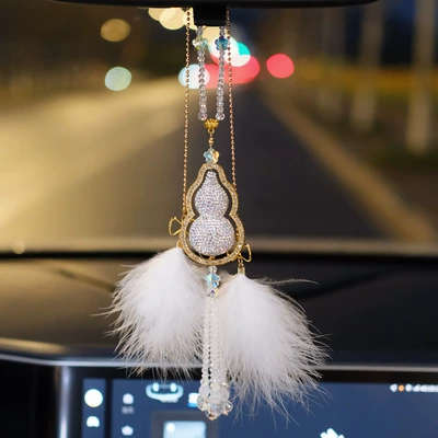Diamond-encrusted gourd pendant light luxury style gourd pendant advanced sense electric car interior decorations car rearview mirror pendant (Car hanging) - diamond-gourd-pendant-white-feather-pendant-gift-box-no-specifications