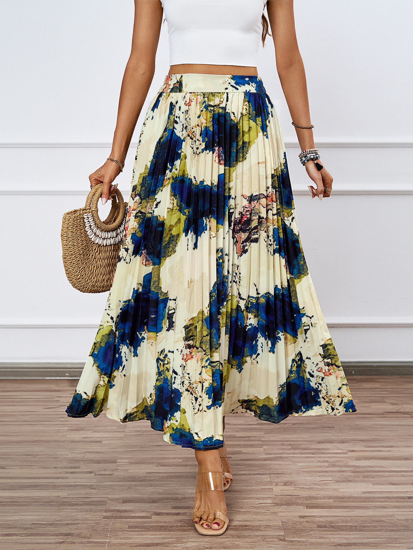 320g Weight Maxi Long Dress Dress Length Type Pleated Skirt Dresses Type Polyester Fabric Type Mid Waist Waist Line Inelastic Elasticity Holiday, Daily Occasion Regular Fit Fit Type Oil Painting Pattern Summer Season Women's Gender Casual Style Summer Casual Oil Painting Polyester Maxi Long Dress Skirts 11