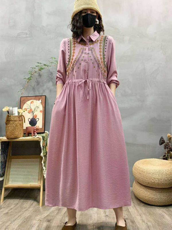 2025 Spring Silk and Linen Extra Long Waist Long Skirt Literary Lace Collar Embroidered Long Sleeve Women's Lapel Dress