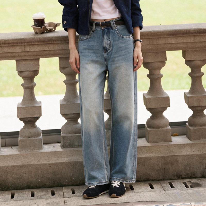 In stock: Asymmetrical inverted V-shaped ear-loop straight-leg floor-length jeans, vintage loose-fitting drapey wide-leg long pants for women, autumn