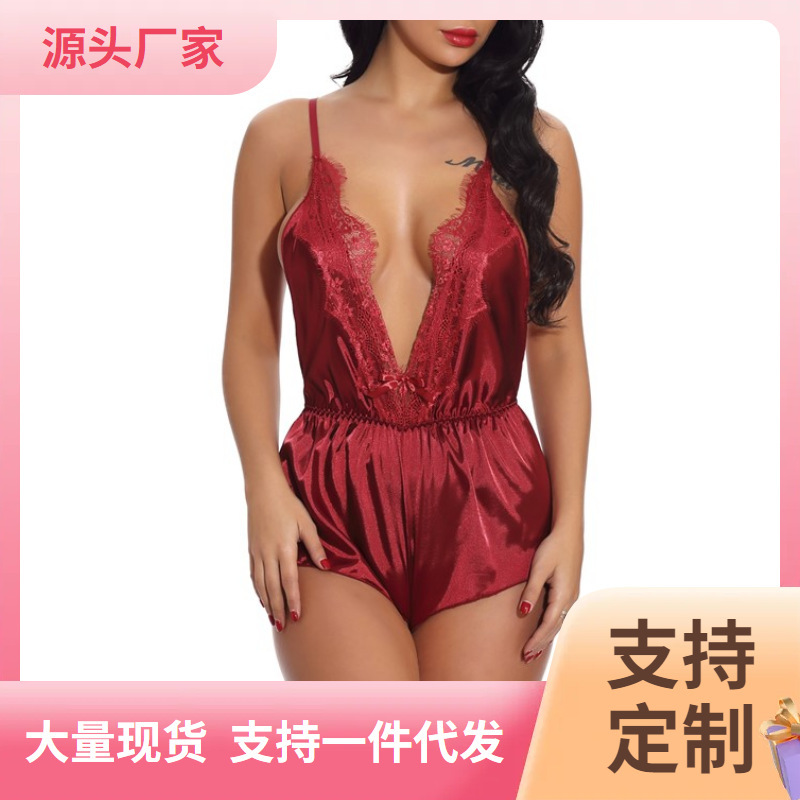 Cross-Border Independent Station Supply European and American Fresh Ins Style Imitation Silk Sexy Lingerie Women's Suspender Jumpsuit Cross-Border Independent Station Supply European and American Fresh Ins Style Imitation Silk Sexy Lingerie Women's Suspender Jumpsuit