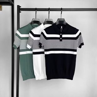 Summer Men's Slim-Fit Striped Short-Sleeved POLO Fashionable Men's Business Contrast Color Youth Lar Casual Knitted T-Shirt
