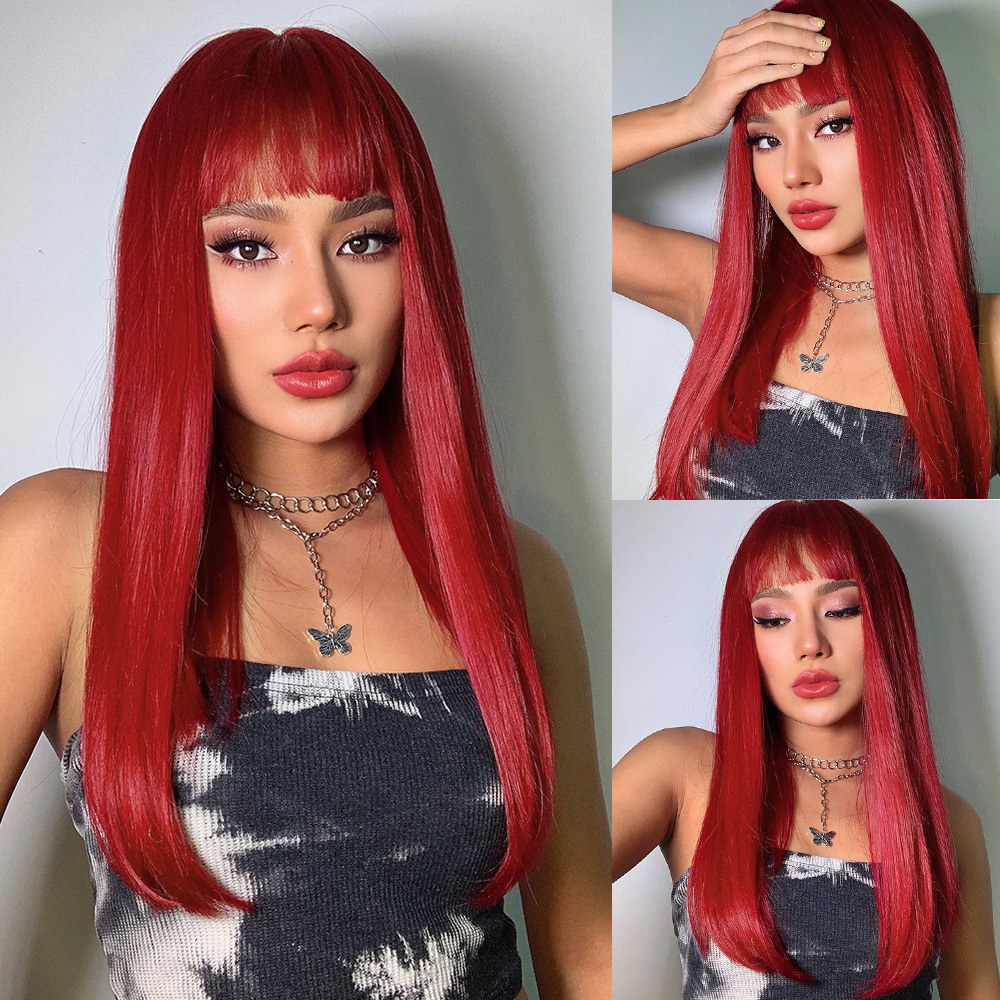 Celebridades de Internet Venta caliente Neptuno arándano rojo muestra blanco Qi flequillo mar pelo liso de longitud media peluca de Halloween pelo completo