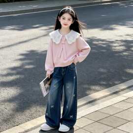 盐系甜美可爱娃娃领卫衣春秋季新款中大童时尚蝴蝶结牛仔裤两件套
