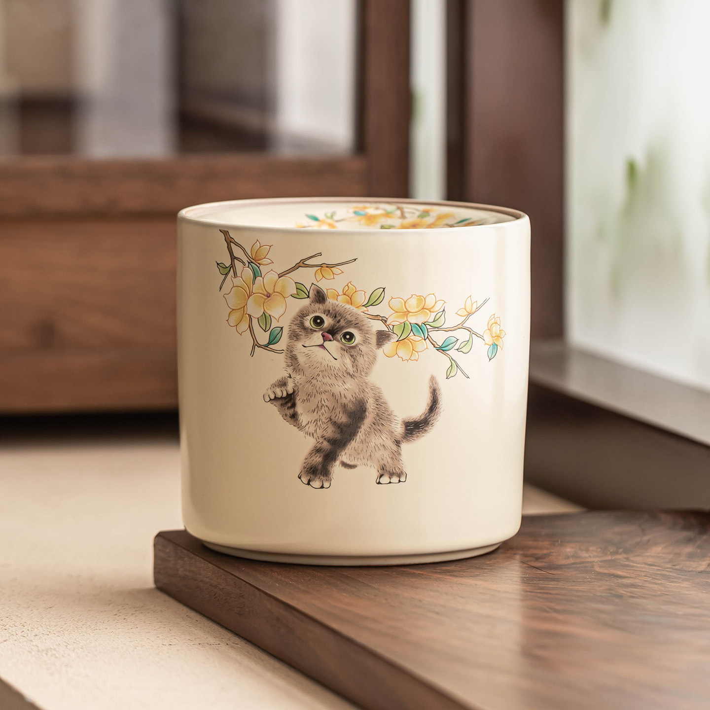 工厂汝窑黄花萌猫茶渣缸烟灰缸高级感建水大号笔洗水盂防飞废水桶