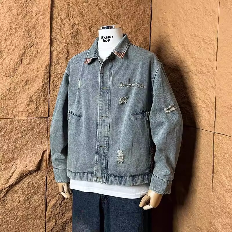 Spring and Autumn American-Style Vintage Washed Color-Block Denim Jacket for Men and Women with Unique Design and Trendy Retro Loose Fit