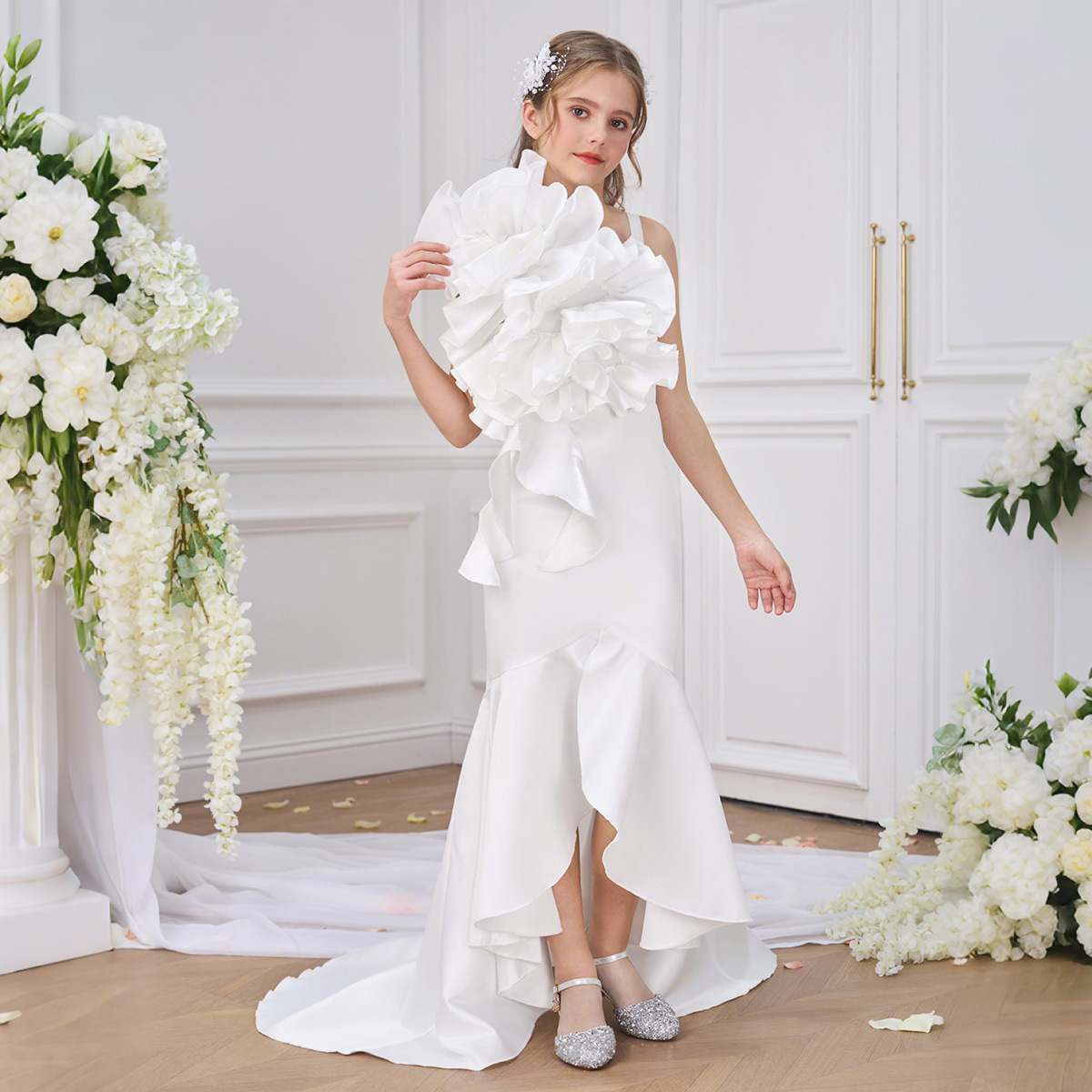 Europa y los Estados Unidos nuevos vestidos de noche de niños grandes vestidos de novia vestidos de niñas hombro único arrugado falda de cauda de pescado blanco vestido de niños