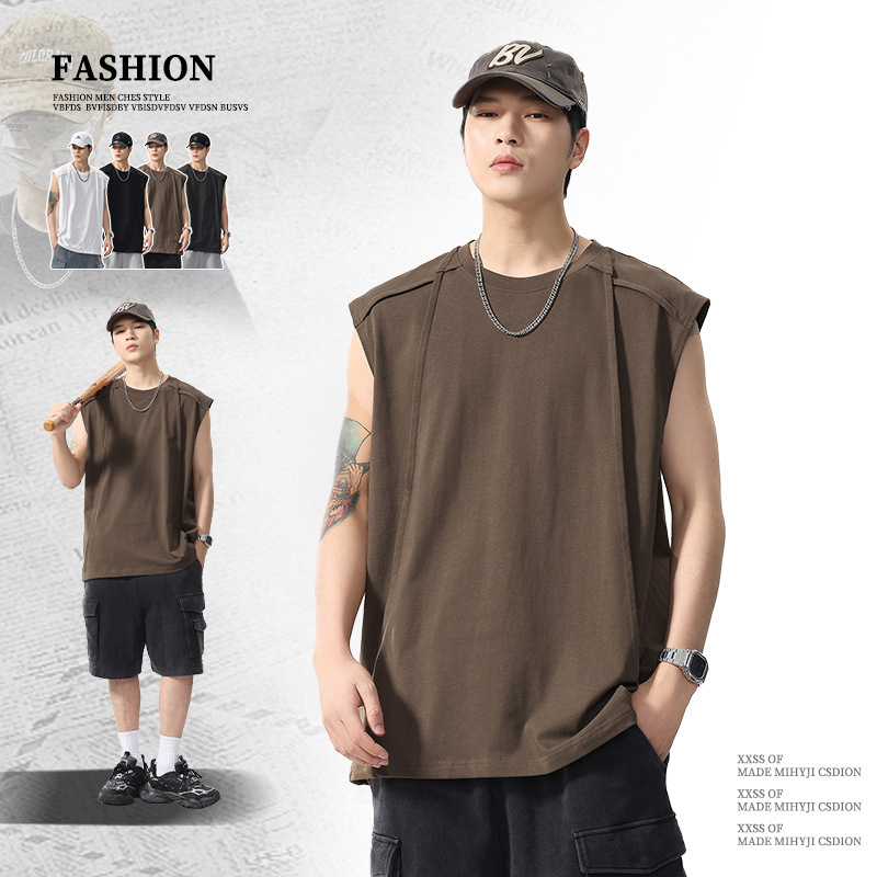 2026 Heavyweight Pure Cotton 0-Shrinkage Vest Men's Round Neck Loose Casual Sports Fitness Cooling Sleeveless T-Shirt Wholesale