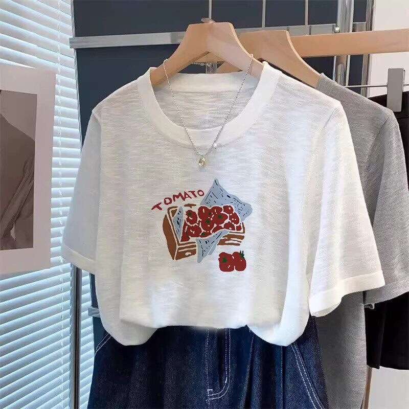 Summer White Bamboo Cotton Short-Sleeve T-Shirt for Women, Round Neck, Printed, Youthful, Fashionable, Casual, Tummy-Covering Top Summer White Bamboo Cotton Short-Sleeve T-Shirt for Women, Round Neck, Printed, Youthful, Fashionable, Casual, Tummy-Covering Top