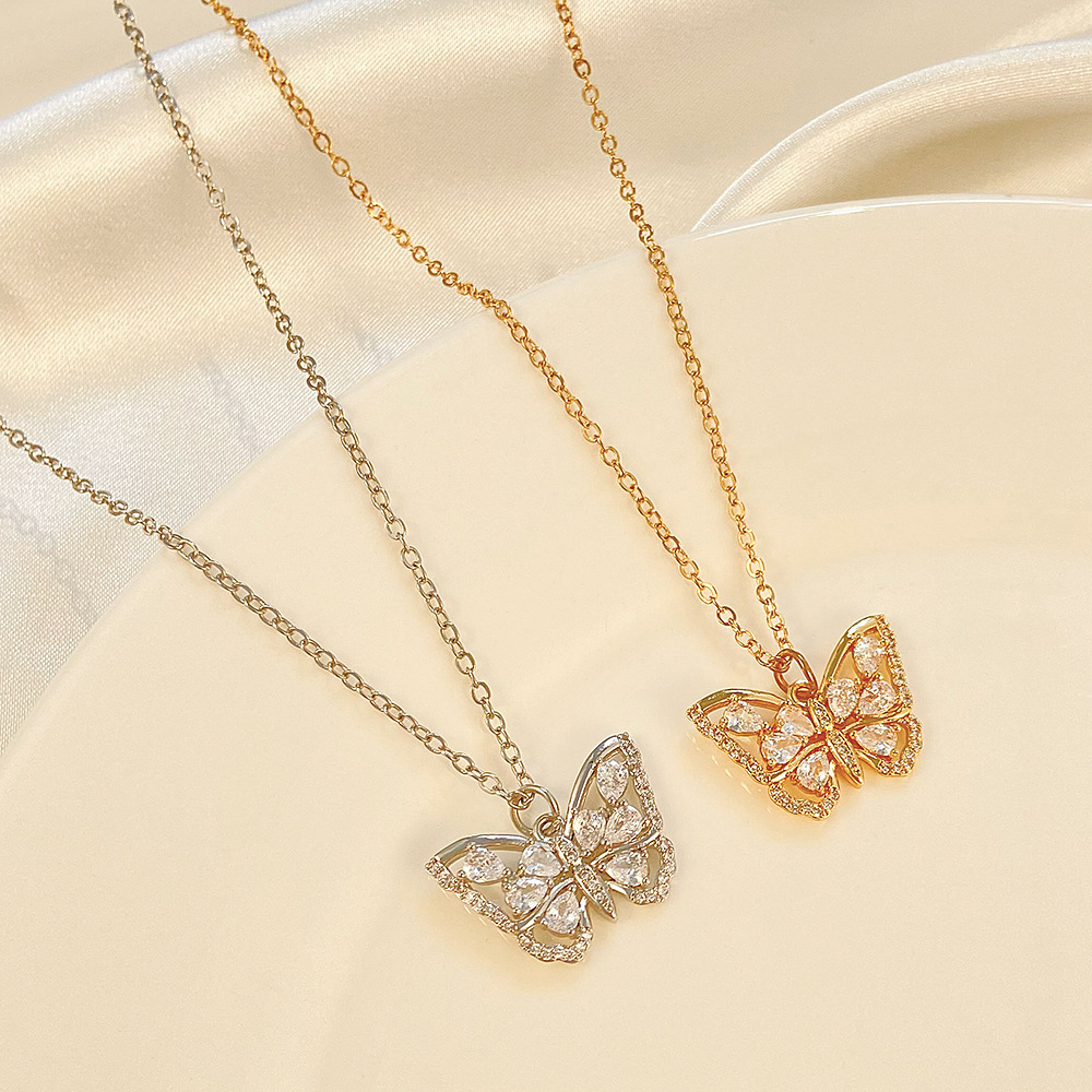 Womenu0027S Elegant Butterfly Copper Zircon Necklace Inlay