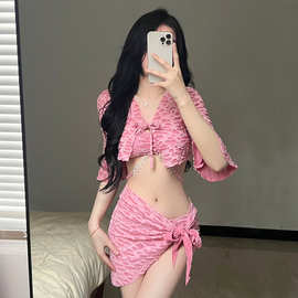 新款女小胸粉红色四件套比基尼带胸垫泳衣裙式分体跨境一件代发