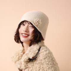 2025韩版100%全羊毛花朵帽女甜美手工毛线针织帽冬季护耳帽子跨境