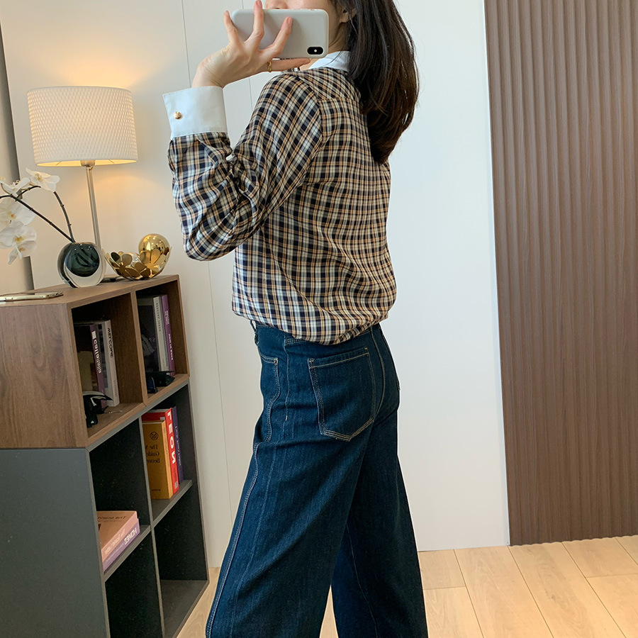 M1U Department College Style Silk Cotton Age-reducing Contrast Color Small Lapel Buckle Retro Plaid Long Sleeve Shirt 25 Spring
