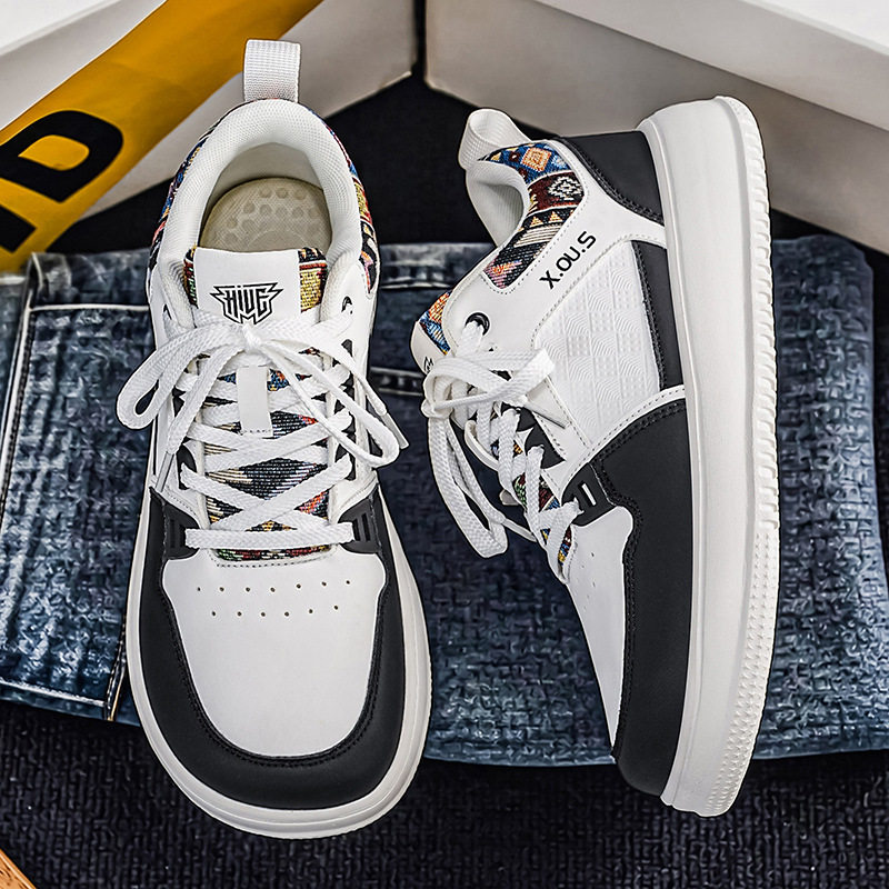 Giày sneaker cổ thấp mũi tròn rộng, đế dày tăng chiều cao, mặt da chống nước, dây buộc — Bạch tửu đỏ 8811, Trắng kaki 8811, Trắng đen 8811