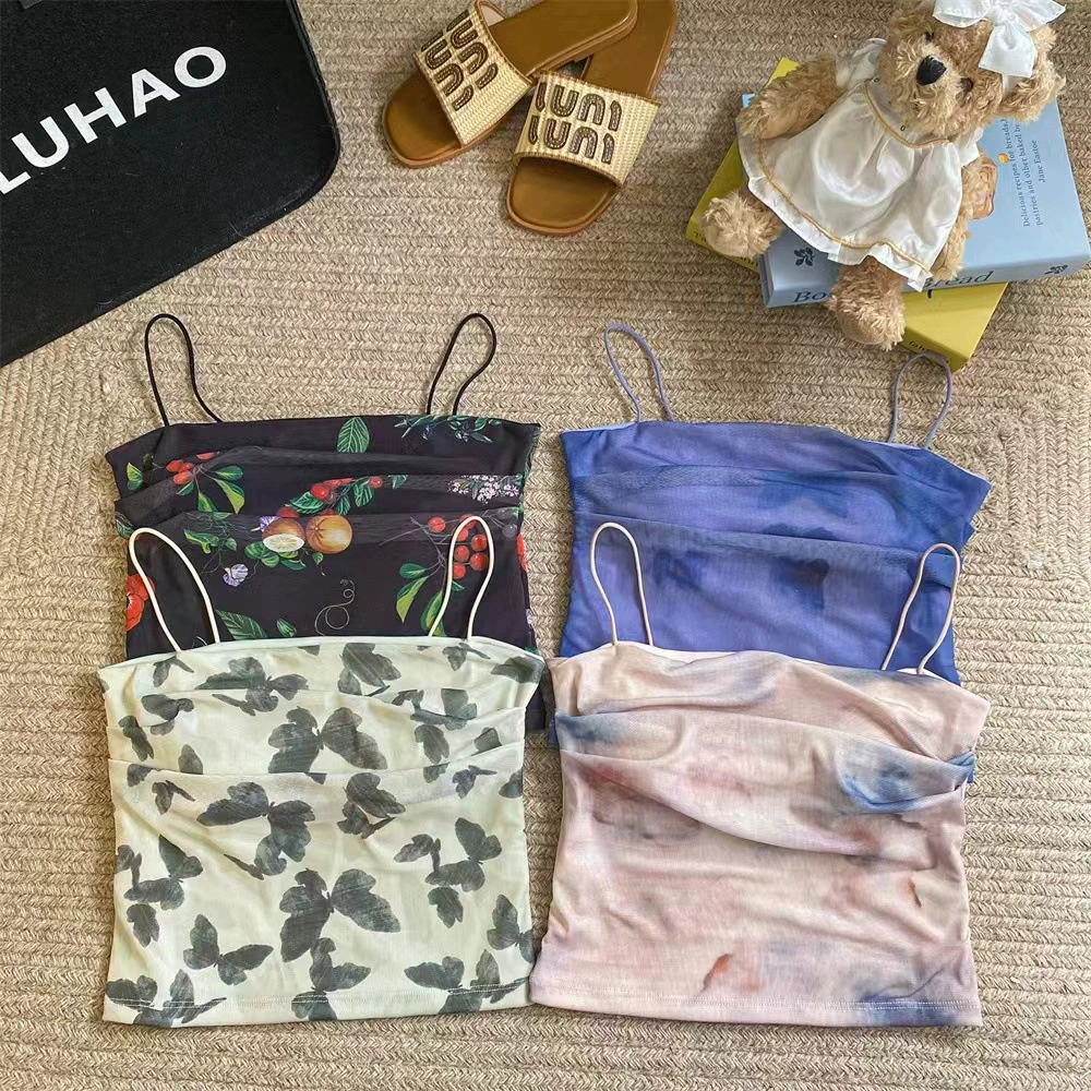 Упругая сетка сексуальная подтяжка женская американская ретро-арт масляная живопись нерегулярный дизайн может носить майку