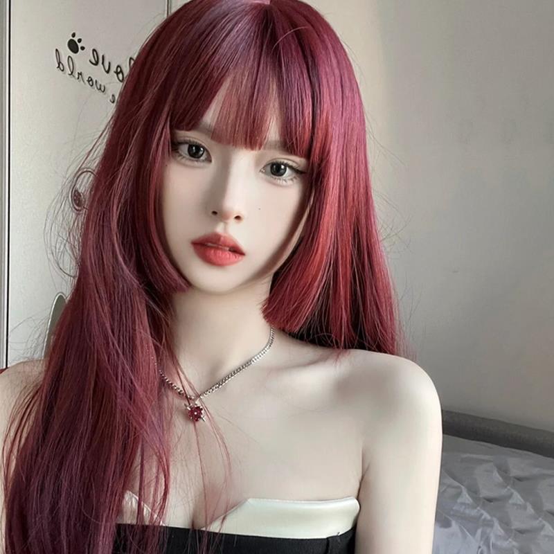 Xingcheng Princess Cut Wig Women's Long New Style Natural Traceless Raspberry Red Princess Cut Bangs Ji Hair Full Head Cover