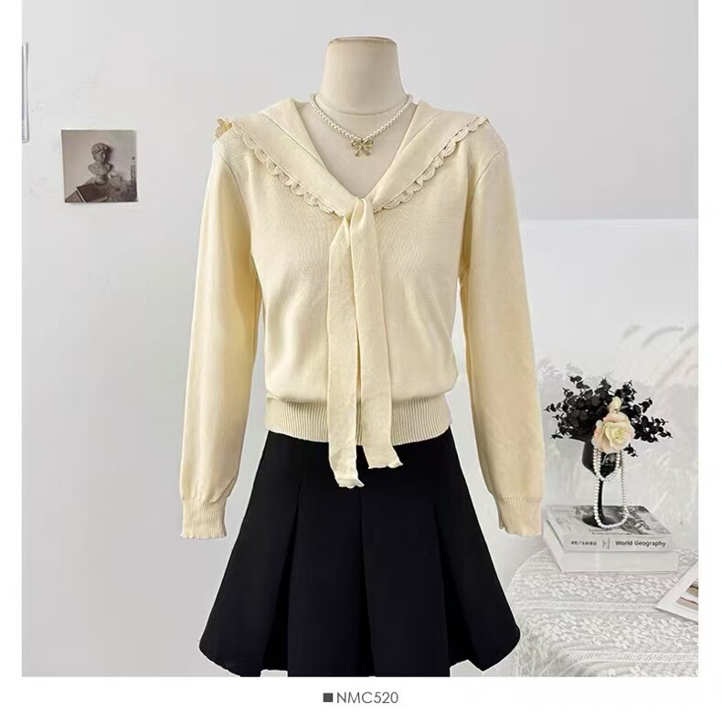 Lace Navy Collar Strap Knitwear for Women Korean Girls Autumn and Winter Slim Long-Sleeved Niche Splicing Tops for Women