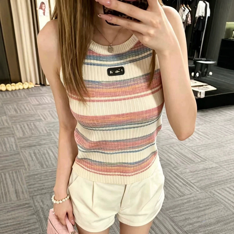 Correct Letter Version MU Rainbow Striped Sleeveless Knit Camisole Short Slim Fit Top for Layering or Outerwear