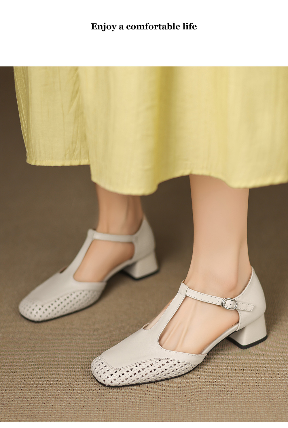 Sandal quai chữ T bít mũi da bò lớp đầu gót thô 4cm đục lỗ thoáng khí — Màu đen chi tiết 13