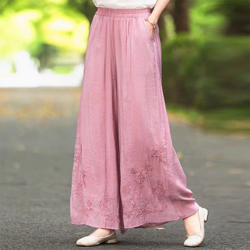 Summer New Cotton and Linen Embroidered Double-Layer Straight-Leg Pants, Casual Pants, Wide-Leg Pants, Plus-Size Women's Clothing, Elastic Waist, Artistic Women's Clothing Summer New Cotton and Linen Embroidered Double-Layer Straight-Leg Pants, Casual Pants, Wide-Leg Pants, Plus-Size Women's Clothing, Elastic Waist, Artistic Women's Clothing