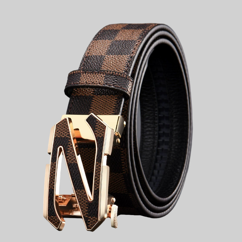 Cinturón de Cuero Genuino de Dos Capas para Hombre, Estampado de Cuadros, Hebilla Automática, Estilo Casual de Lujo