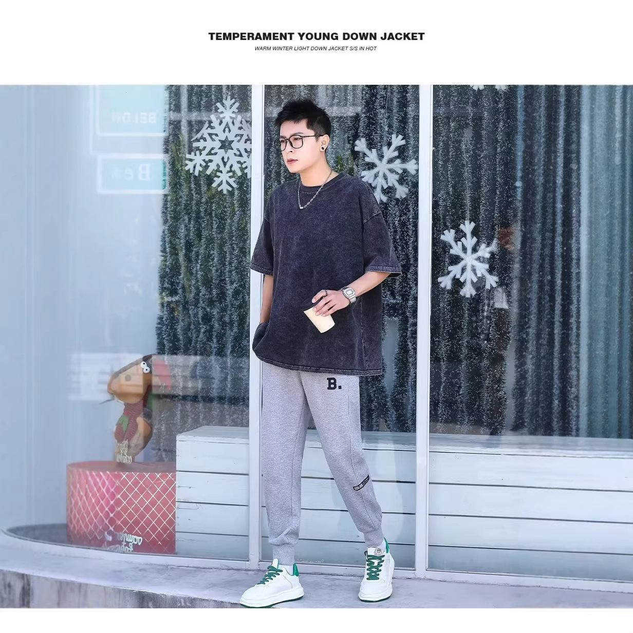 2025新款跨境东南亚水洗棉短袖男女同款夏季新款宽松圆领短袖印