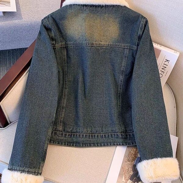 Short denim demi-season warm jacket