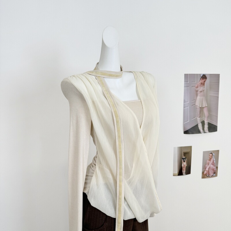 Someone Sometimes Original Draped Layered Mesh Faux Two-Piece Velvet Halter Wool Knit Top