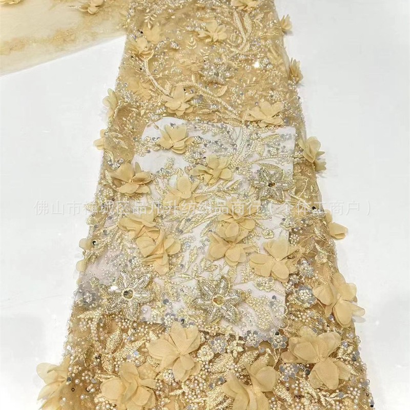 Tejido de bordado de mano pesada pura perla de sequela de perlas tela de malla de tubo de perlas de alta fijación vestido de boda vestido de tela image 4