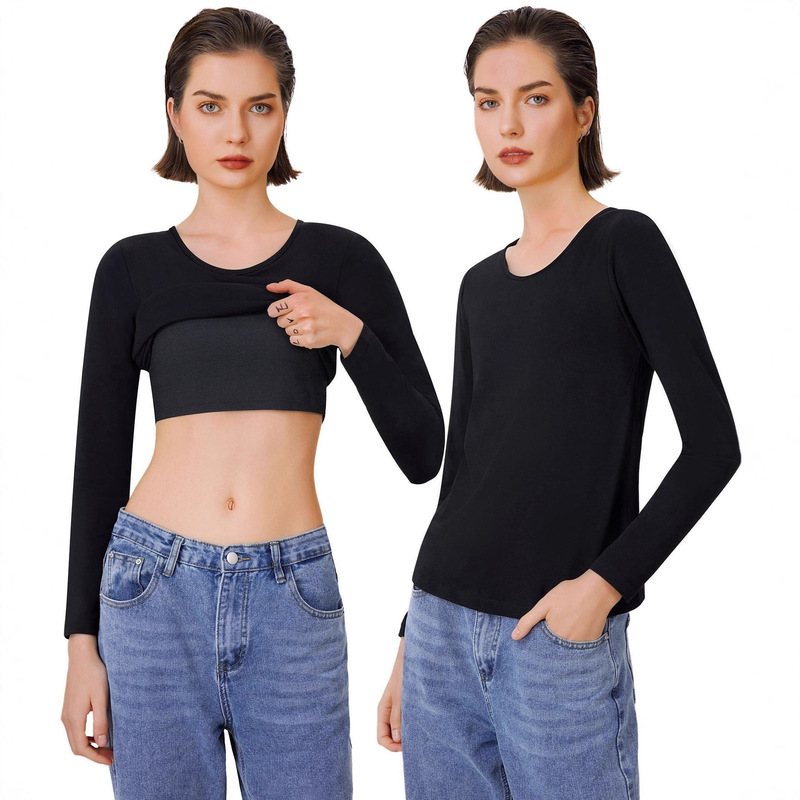 Cross-Border Hot-Selling Women's Body-Shaping Long-Sleeved Tops with Round Neck and Chest Pads, Corset Bottoming Shirts, Tomboy-Style Breast-Revealing Tops