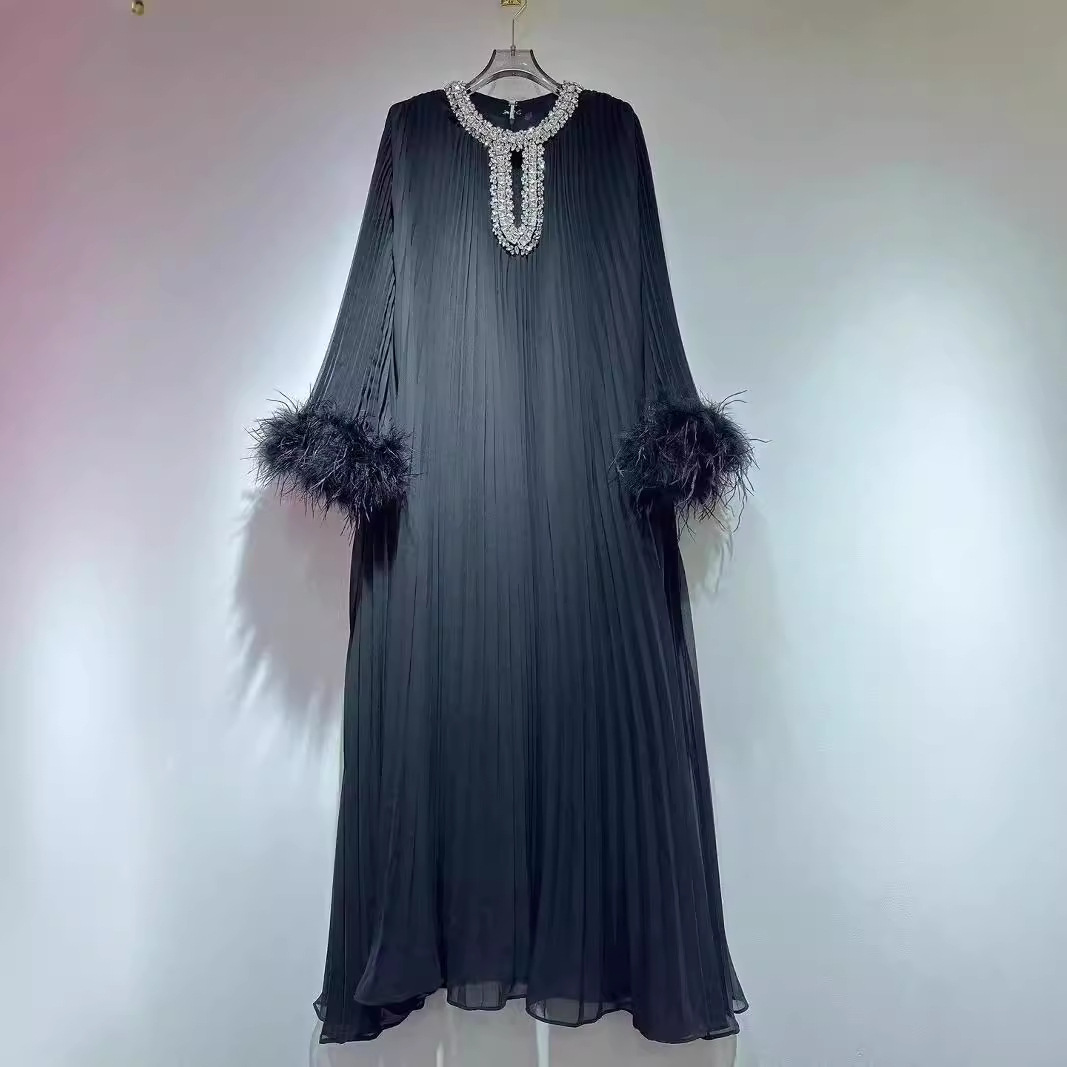 Women's Clothing Round Neck Light Luxury High end Celebrity Style Solid Color Dress_voghion.com