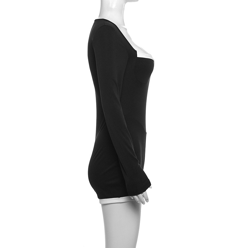 Autumn Winter Women Clothing Sexy Low Cut Color Contrast Base Knitting Casual Jumpsuit Women