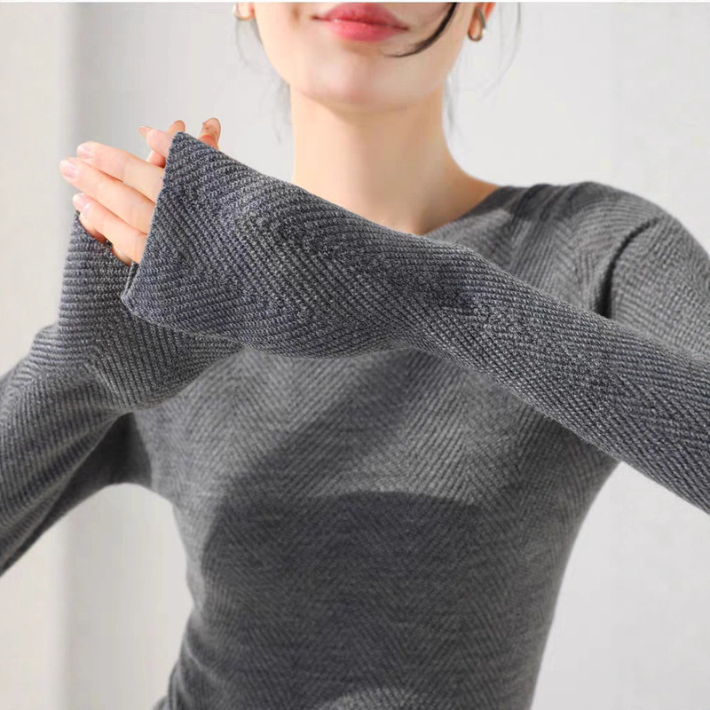 [Fishbone Pattern Long Sleeves] Shimakai Seamless One-Line Collar Yangtze Yarn 100% Wool Knitwear Bottoming Shirt for Women Spring & Fall