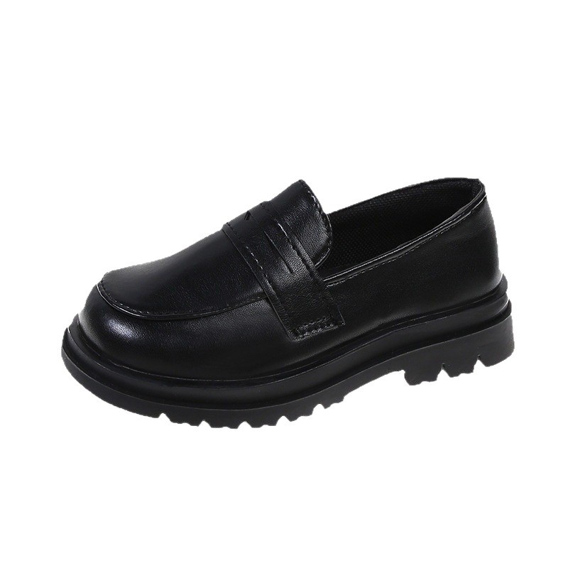Zapatos de cuero para niños, estilo retro, color negro, para primavera y otoño 2026, mocasines de suela blanda estilo británico para niños y niñas.