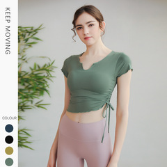 純色裸感緊身顯瘦瑜伽運動上衣 跑步健身短款訓練短款T恤批發
