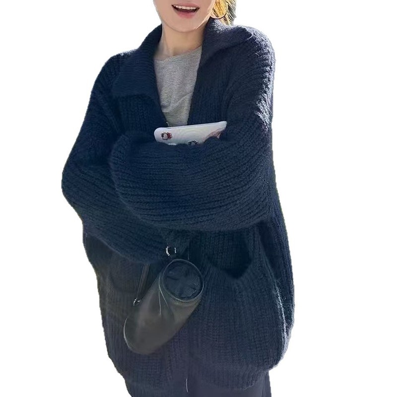 藏青色拉链针织开衫女2025新款秋冬慵懒风宽松休闲外套毛衣上衣|undefined