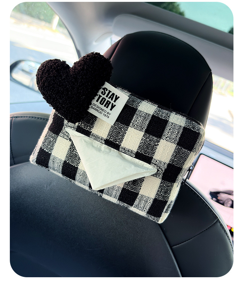 Plush Heart-Shaped Car Seat Back Tissue Box, In-Car Armrest Tissue Box, Creative Grid Car Sun Visor Tissue Box