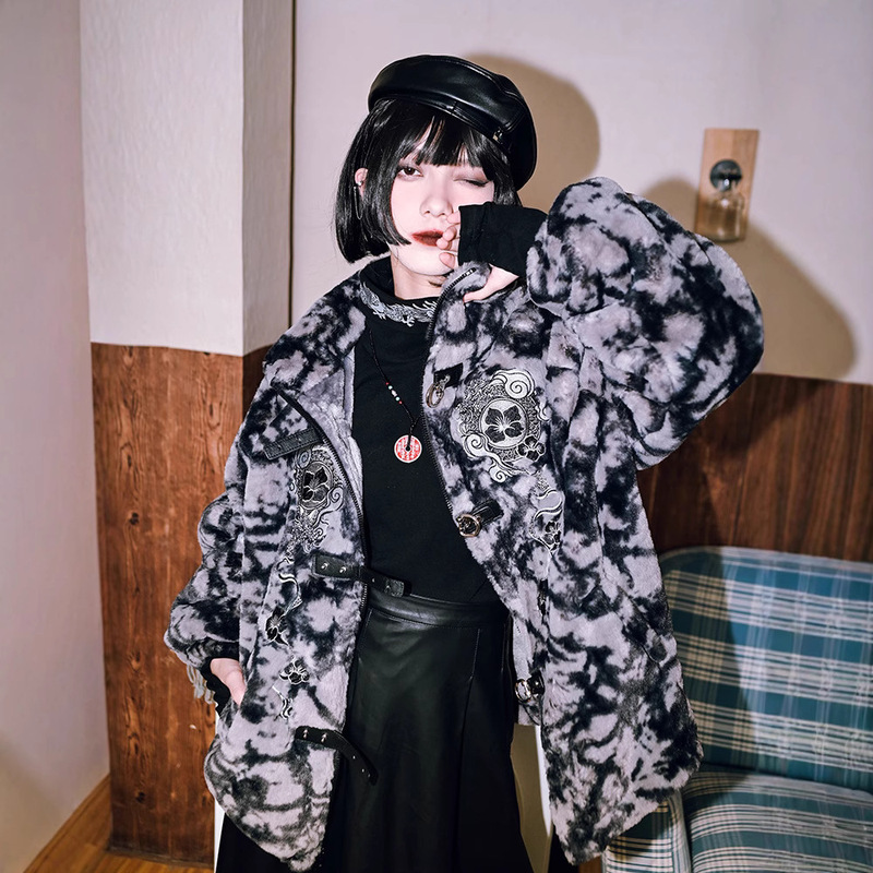 Factory direct supply imitation rabbit fur coat men's and women's autumn and winter new dark Chinese style embroidered collar top thickened