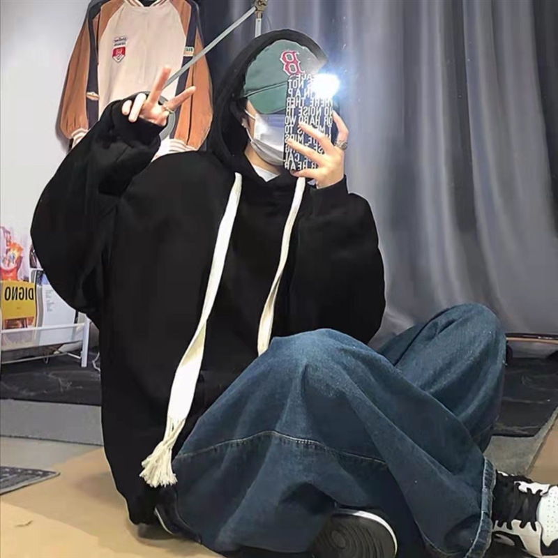 Hong Kong style simple solid color black hooded sweater men's loose spring thin couple Korean style versatile top student women