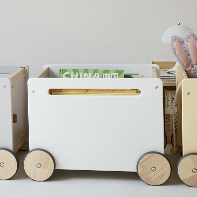 Jardín de infantes de niños de madera carro de juguetes caja de almacenamiento de libros móviles estante de almacenamiento mayorista