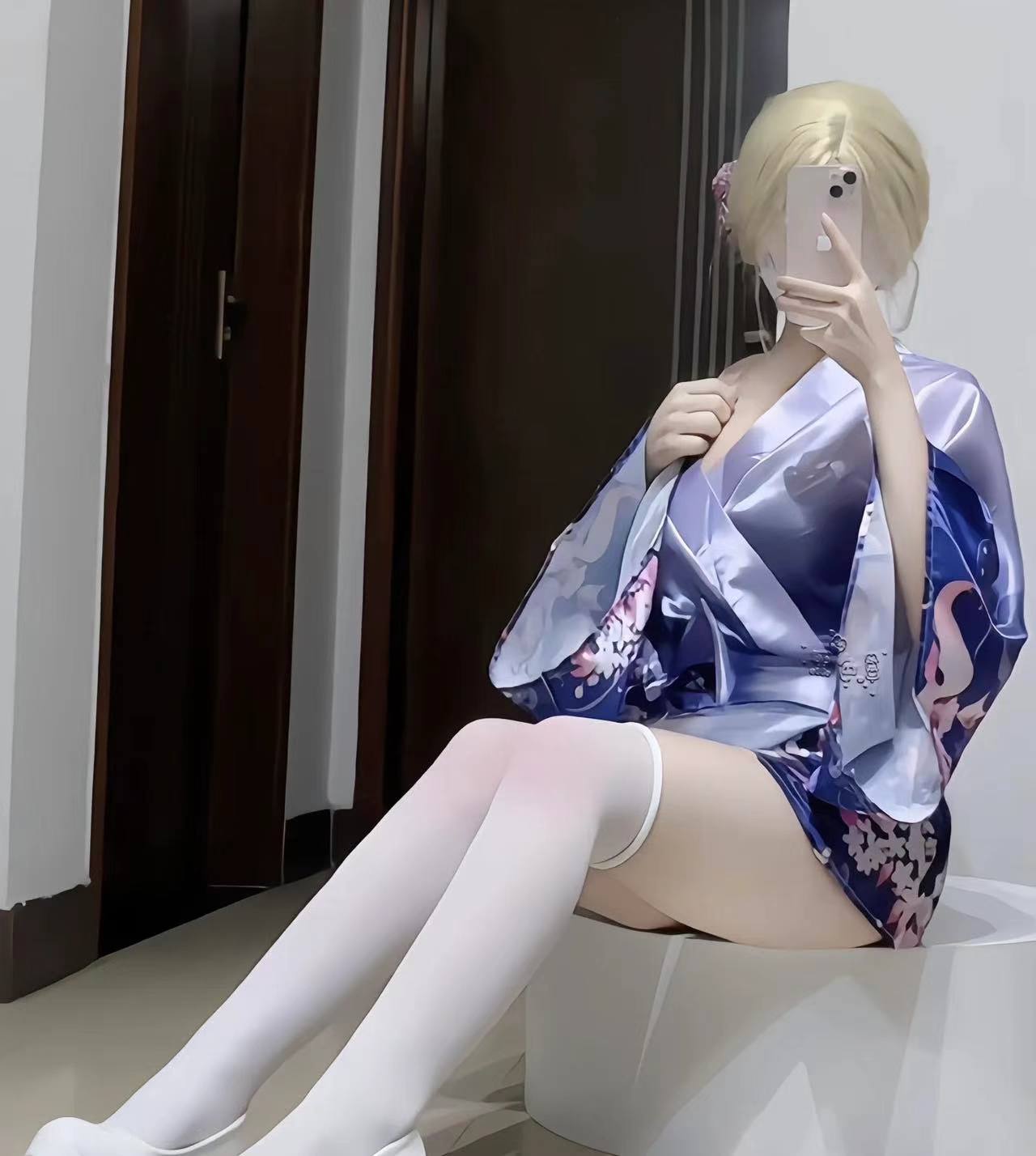 Japanese Kimono Roleplay Lingerie Set, Deep V Cardigan with Butterfly Sash, Pink Polyester — detail image 6