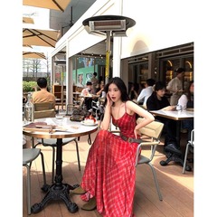 2025 新しい夏のスタイルカジュアル気質ウエスト痩身スプライシング赤いチェック柄ロングサスペンダードレス女性のための