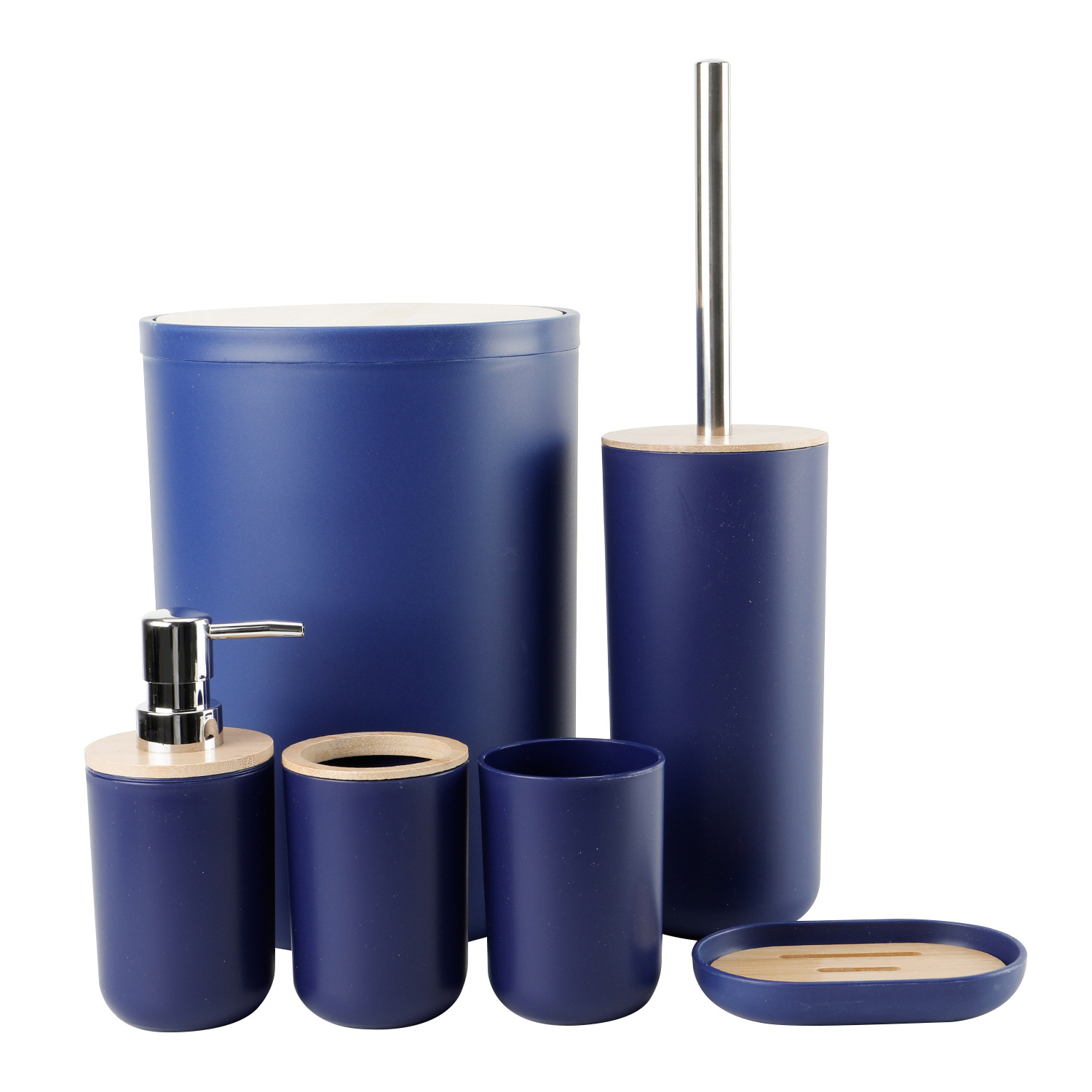 Cubierta de bambú de lavado de baño de plástico de seis piezas de la fábrica al por mayor de almacenamiento de baño estante titular de cepillo de dientes de basura puede