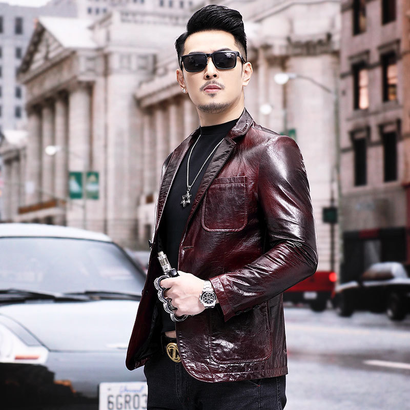 New spring men's leather jacket genuine leather first layer cowhide fashion suit leather suit thin single leather jacket jacket