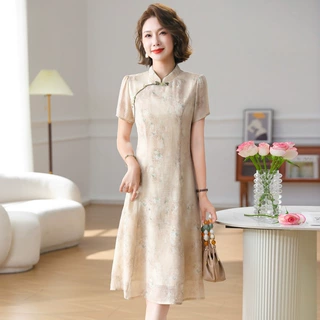 中年妈妈夏装气质裙子女2026新款中老年人夏款端庄大气连衣裙