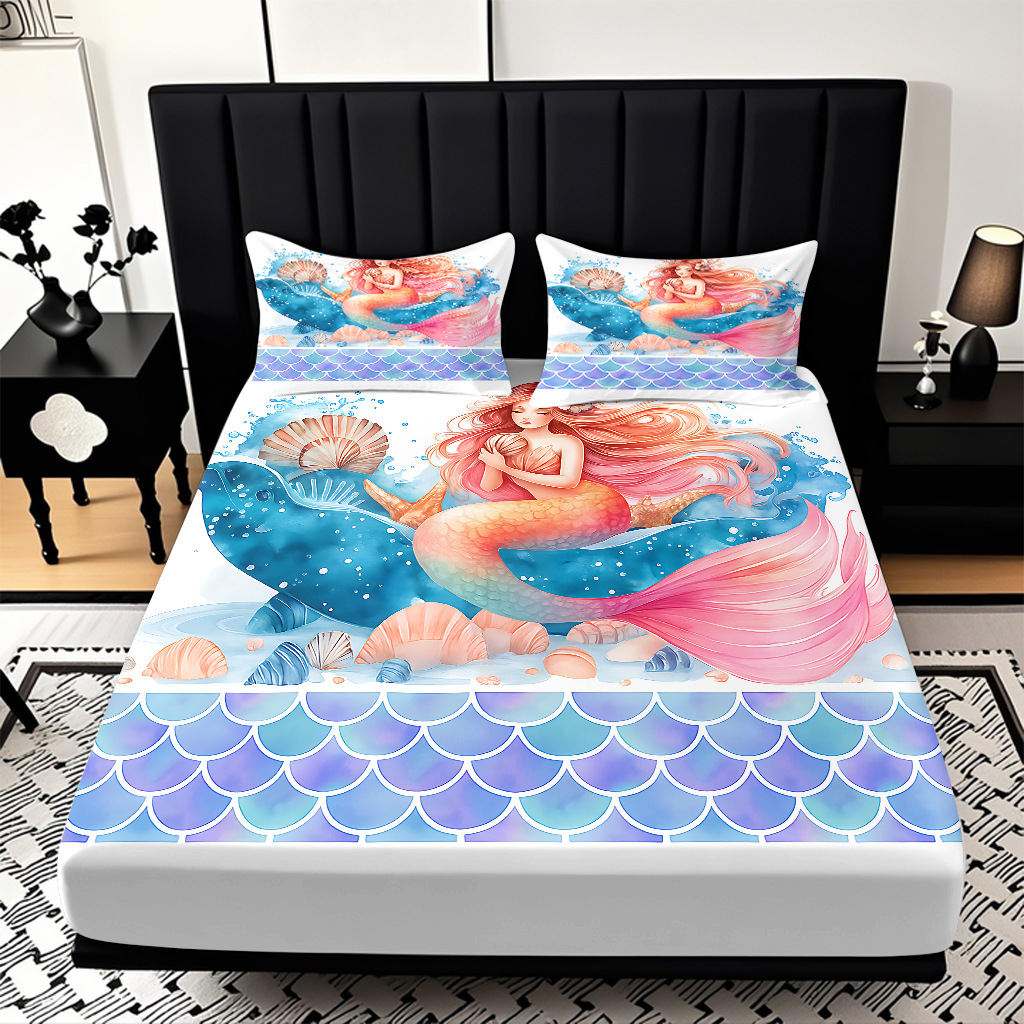 JIT modo Temu 3D impresión de caricatura sirena cama textil casera camisa ropa de cama tres piezas set transfronterizo mayorista